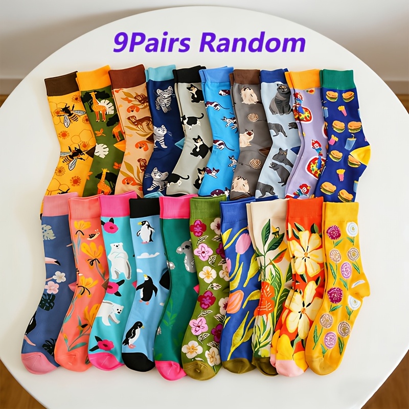 TEMU Random 9-pair Unisex Mid-calf Socks With Flamingo, , Penguin, Animal, Flower, And Food Cartoon Patterns, Comfortable And Cute, For Teenager