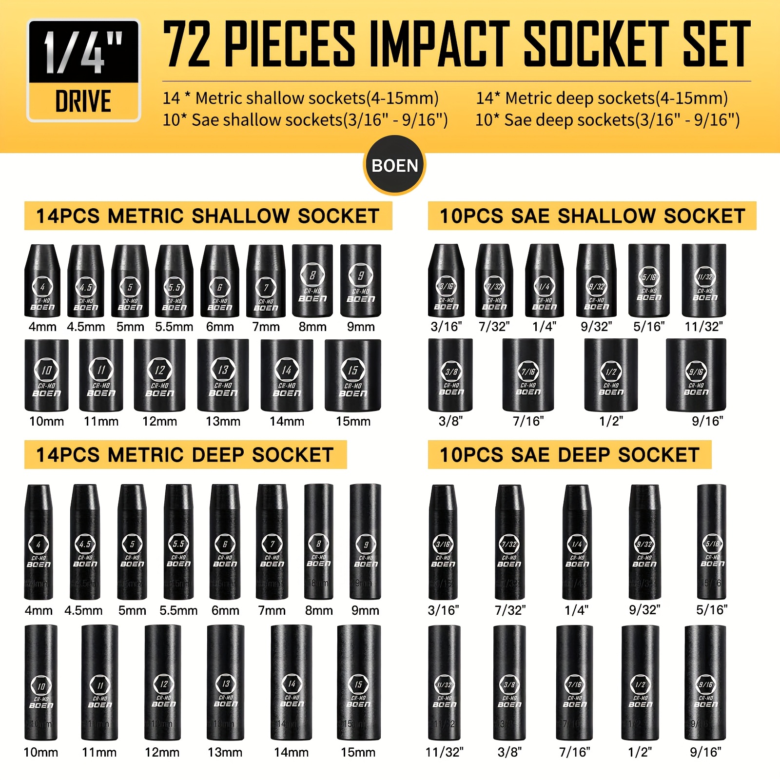 72pcs Standard SAE (3/16-9/16 Inch) - Metric 1/4 Drive Swivel Socket Set - Image 4