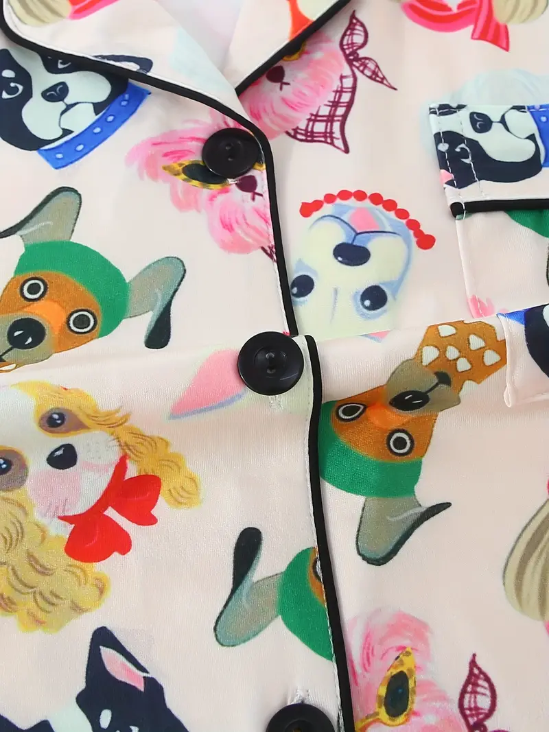 womens pajama set three pieces cute cartoon animal cute puppy casual collar top with drawstring waist shorts and trousers summer wear button pocket details comfortable knit fabric adult Product details 5