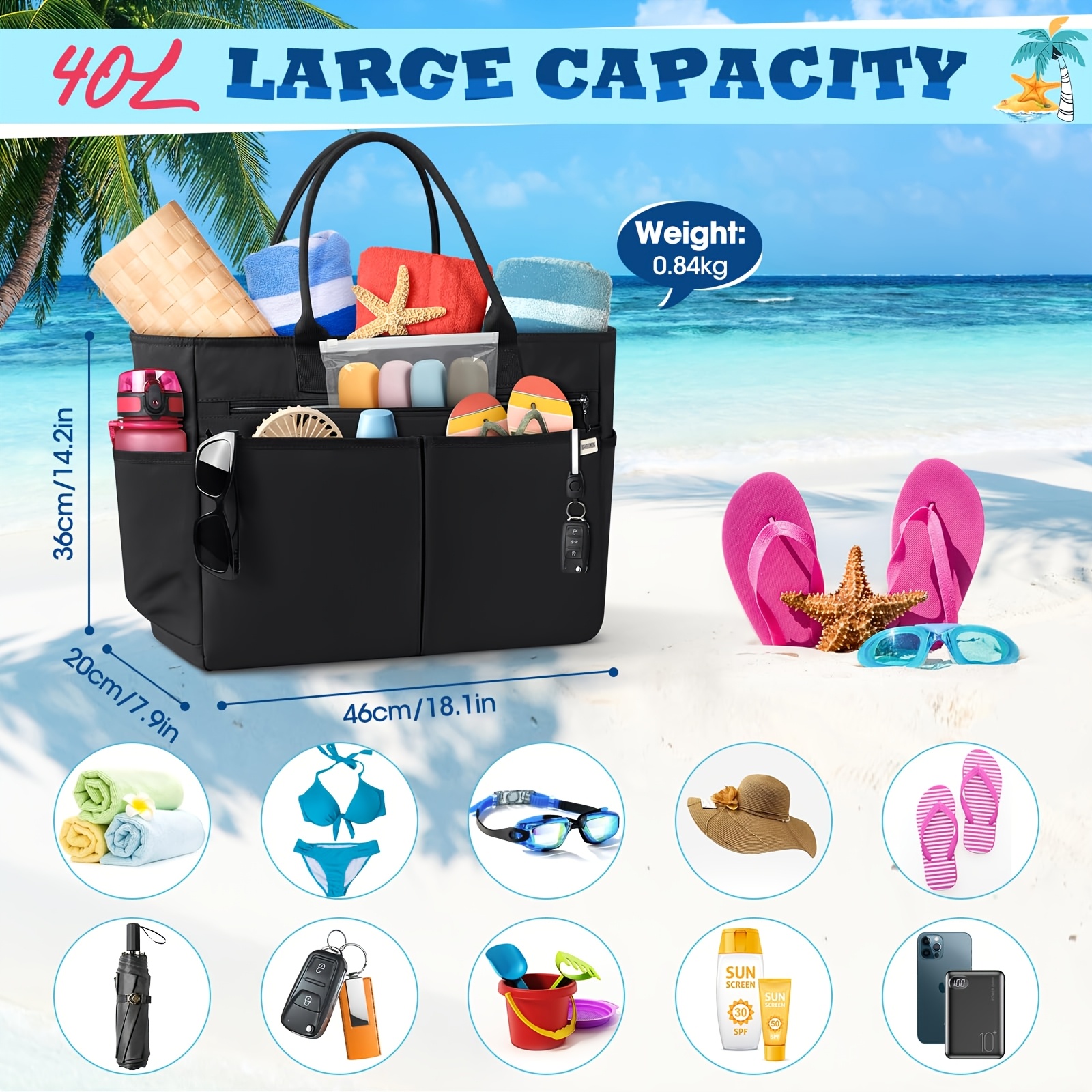   大容量40lトートバッグ 男女兼用 - ヘビーデューティ 付き 旅行・ジム・ビーチバッグ 折りたたみトップハンドルハンドバッグ 広々とした内部 通勤・買い物に最適 商品詳細 0