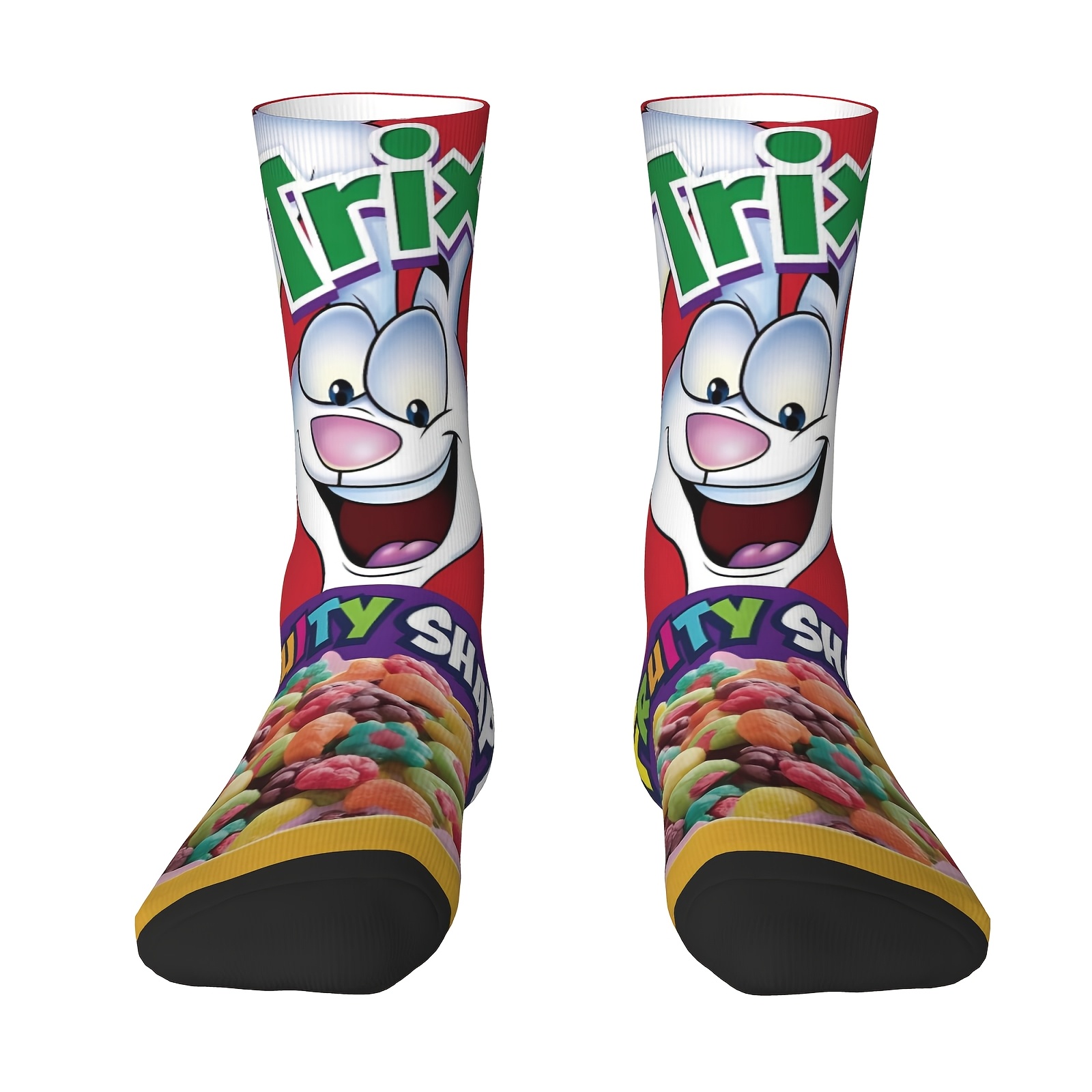 TEMU A Pair Of Unisex Outdoor Sports Socks, A Popular Cereal Box, Featuring A Red Background With A Cartoon Bunny And Colorful , Machine Washable,