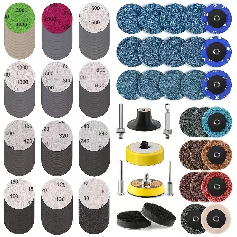 Image of 195pcs 2 Inch Sanding Hook And Loop Kit 80-3000 Grit For Drill Grinder Rotary Tools Die Grinder, 2 Inch Quick Change Attachment With 1/ 8 Inch &1/ 4 Inch Shank Plate