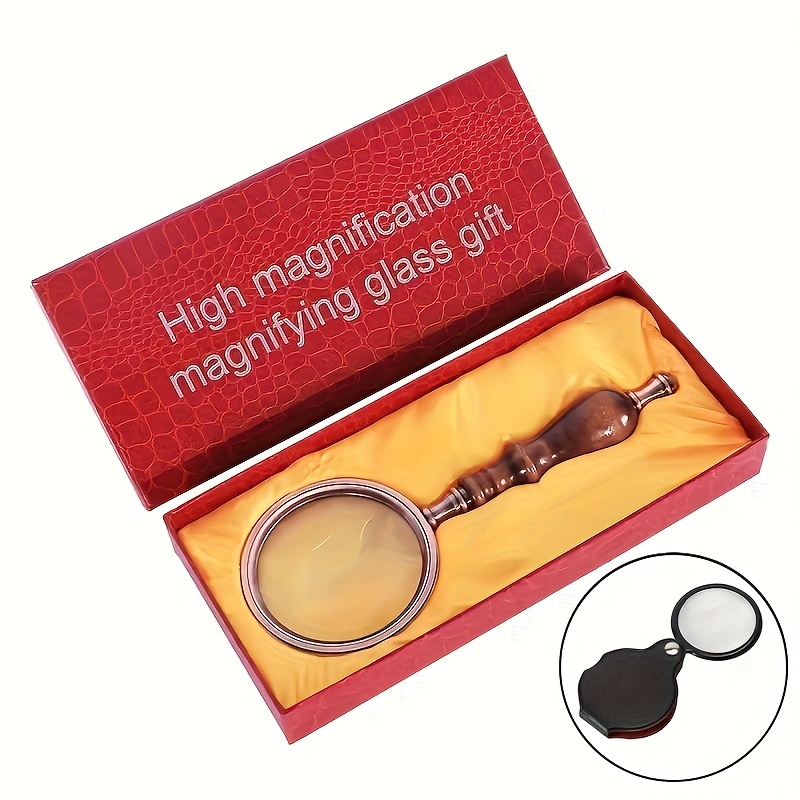 Handheld Magnifier And Mini Folding Magnifier Set (2-pack), 10x Vintage Reading Magnifying Glass With Wooden Handle Portable Lens For Reading, Hobby, Observation, And Classroom