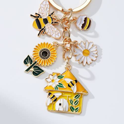 1pc alloy oil bee keychain featuring sunflower honey and house pendants part of the insect series keychain suitable for decorating backpacks and wallets a gift option for teachers day and valentines day
