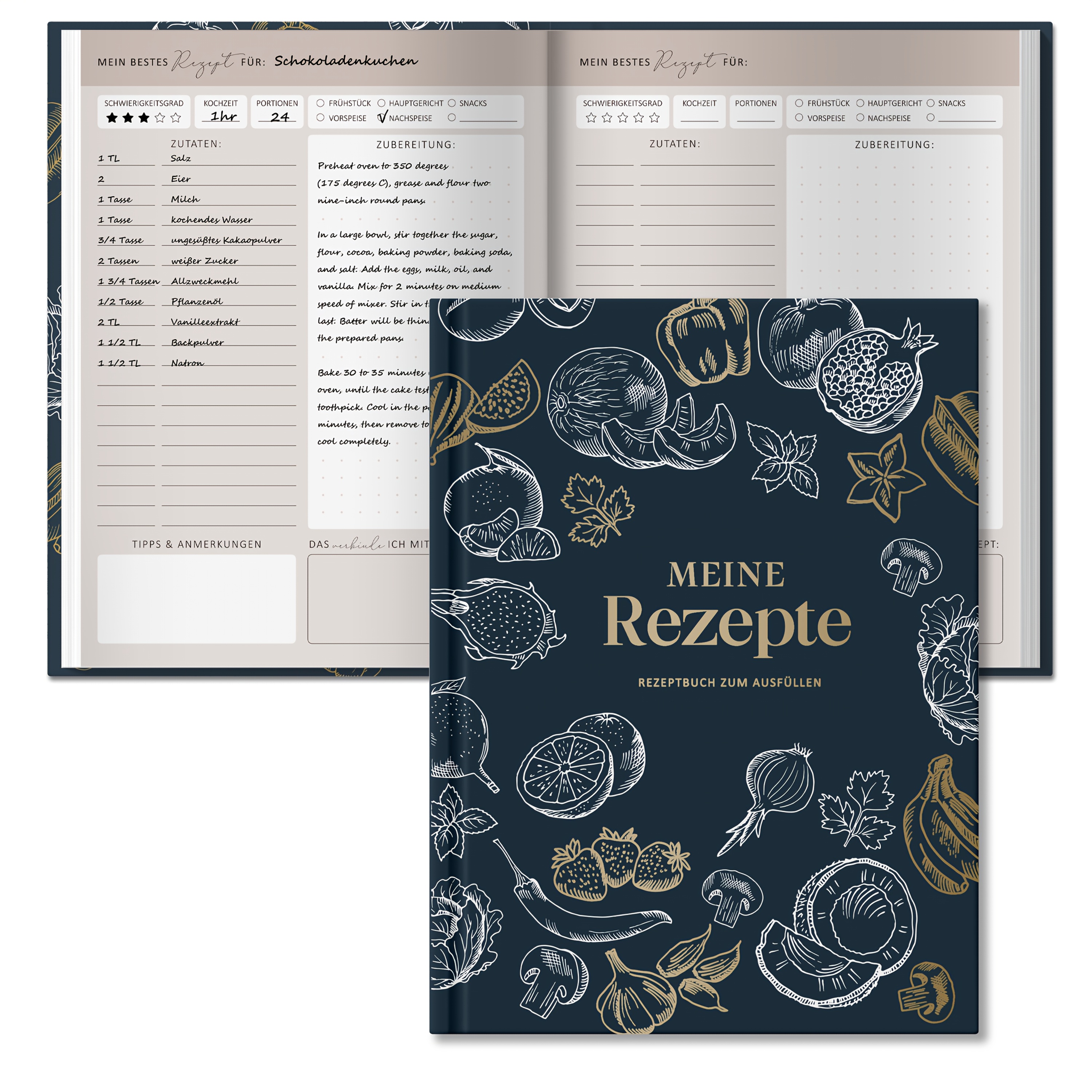 Image of Self-written Recipe Book A5 Size - Homemade Cookbook, 224 Pages, Diy Record Of 100 Recipes, Baking Book | | Hardcover, Navy Blue