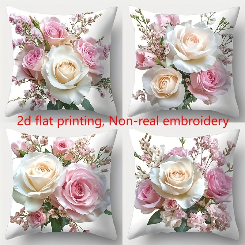 TEMU 4pcsthese Cushion Covers Showcase A Soft And Elegant Style With Delicate Arransynthetic Gemstoneents Of And White Roses.warm And Comfortable,
