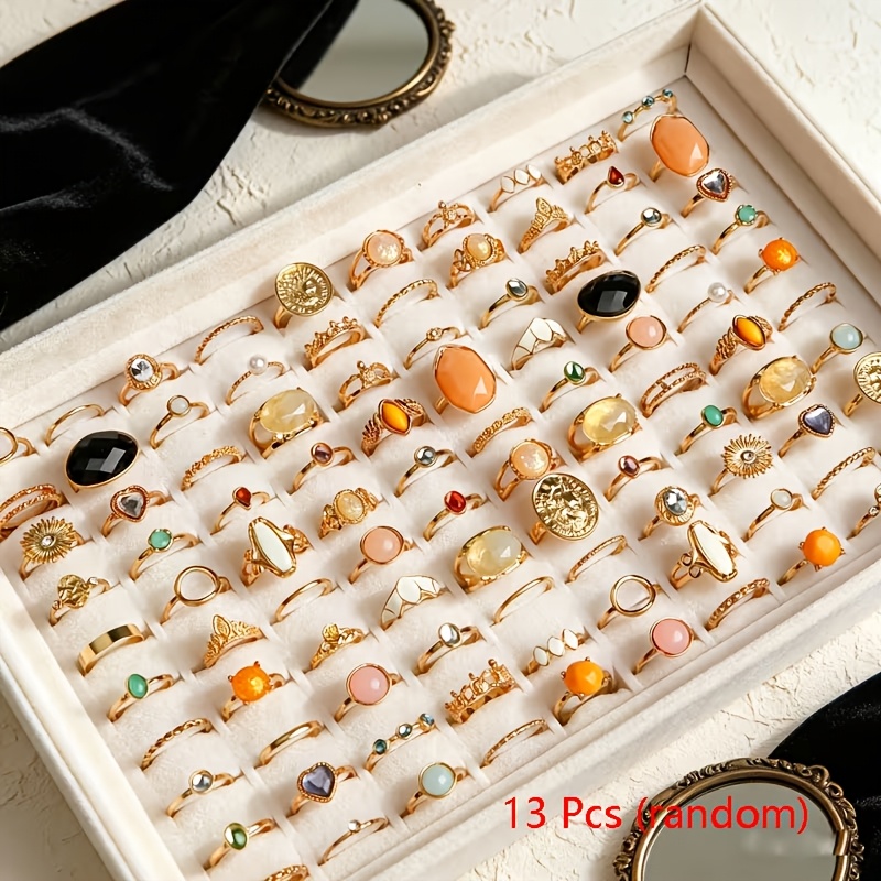 TEMU 13pcs Bagues Géométriques pour Femmes, Élégantes et Luxueuses, Styles , Ensemble Multi-Pièces, Bague de Fête, Mariage, Usage , Ajouts de Doigts,