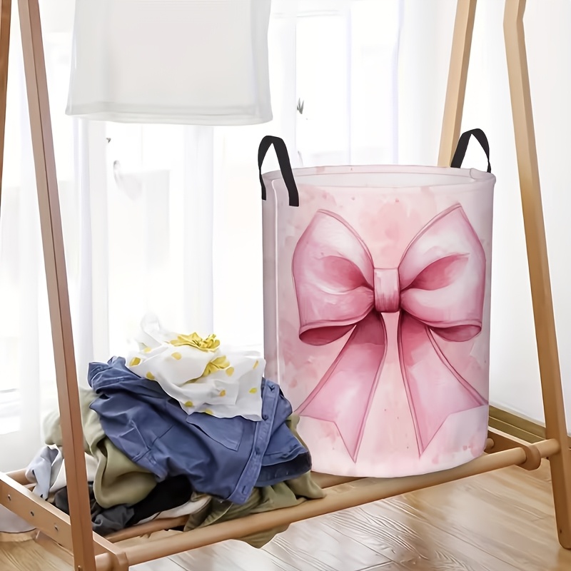 TEMU 1pc Pink Watercolor Foldable Laundry Basket, Circular Shower Basket Suitable For Bathroom And Bedroom, Storage Box Used For Wardrobe And