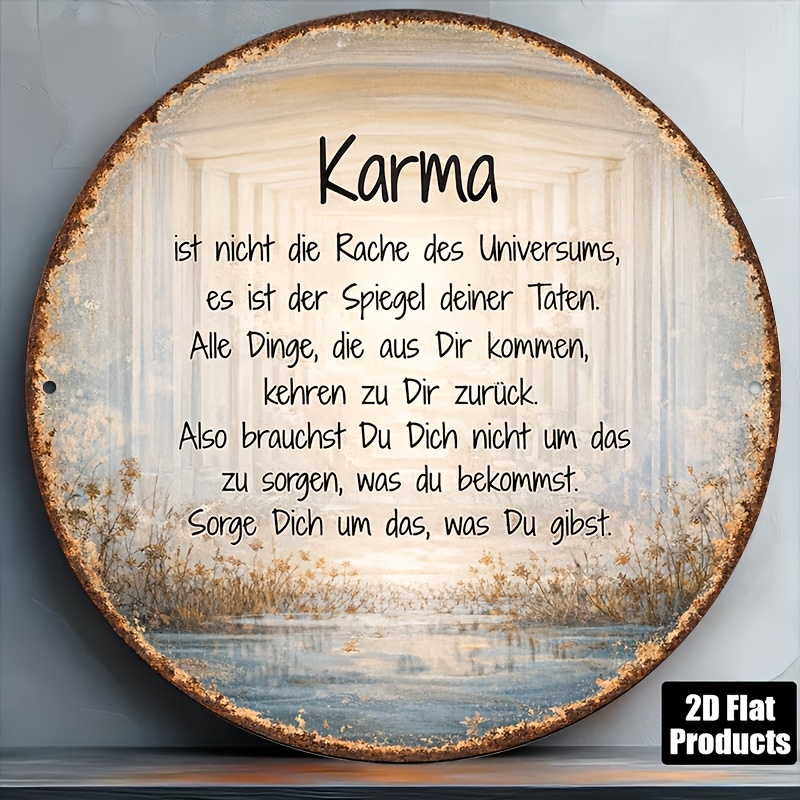 Image of 【2d Flat】 1pc 8x8in/20x20cm Round German Metal Sign, Vintage Plaque About Karma, Karma Decoration Sign, Suitable For Living Room, Study, Cafe Decoration Or Gift