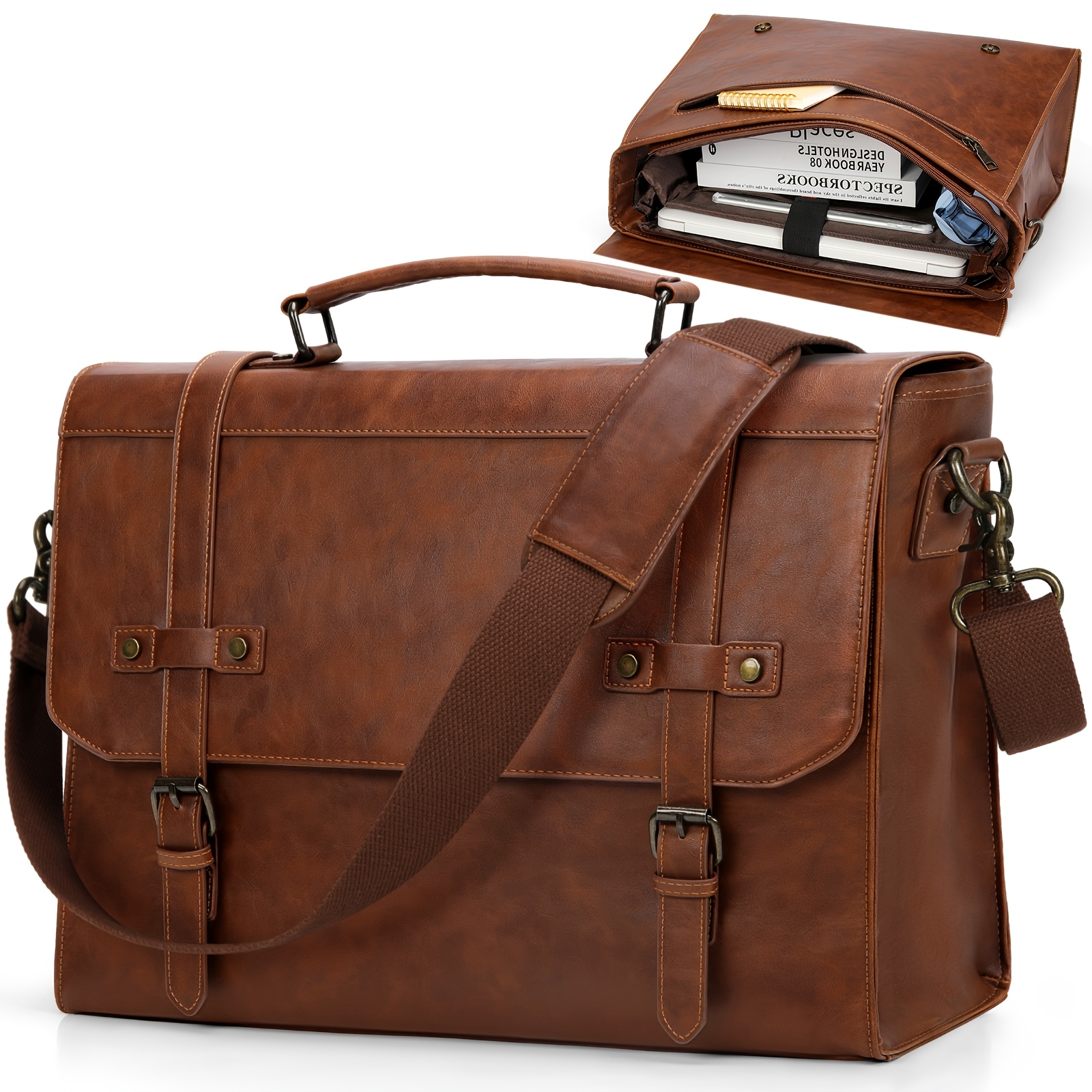 TEMU Rainsmore Mens Messenger Bag 17 Inch Vintage Pu Leather Laptop Briefcase Large Laptop Bag Satchel Bag Computer Shoulder Bag For Office Business