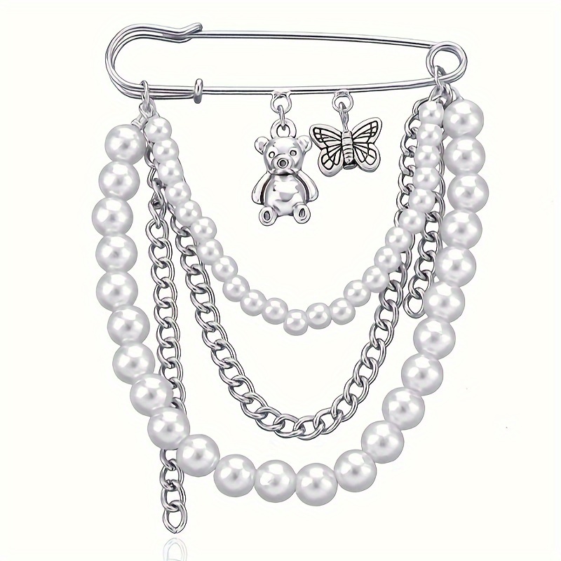 

Boho Party Style Brooch With Imitation Pearls, 1pc Teddy Bear & Butterfly Charm Chain Pin For Daily And Party Occasions