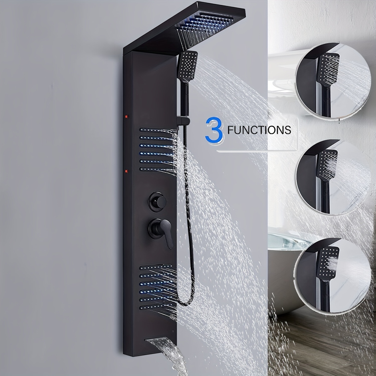 LED Shower Panel Tower System – Multi-Function Stainless Steel With Rainfall & Mist Spray, 6 Body Jets, Hand Shower & Tub Spout, Brushed+Black