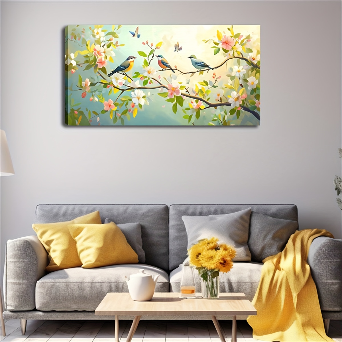 TEMU Large Framed Abstract Watercolor Canvas Art, 20x40 Inches - 3 Colorful Birds On A Branch With White Flowers, Ideal For Home Office, Living Room,
