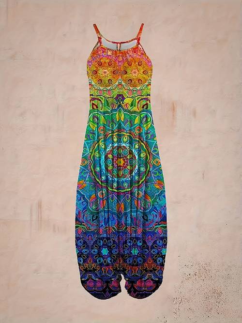 item picture vintage colorful printed spaghetti strap overalls pants comfortable and casual