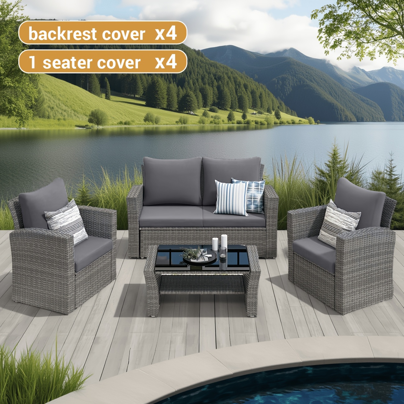 TEMU 8pcs Housse de chaise en rotin extensible pour patio, Housse de chaise en fer forgé, Housse de canapé, 4 housses de , 4 housses de coussin,
