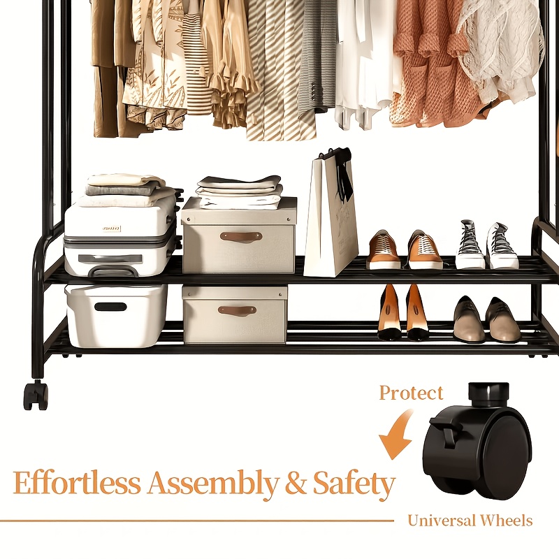 Durable Metal Hanger With Double Poles And Wheels, Equipped With Shelves And Hooks, A Multifunctional Wardrobe Solution Suitable For Independent Metal Hangers In Bedrooms, Laundry Rooms, And Living Rooms.