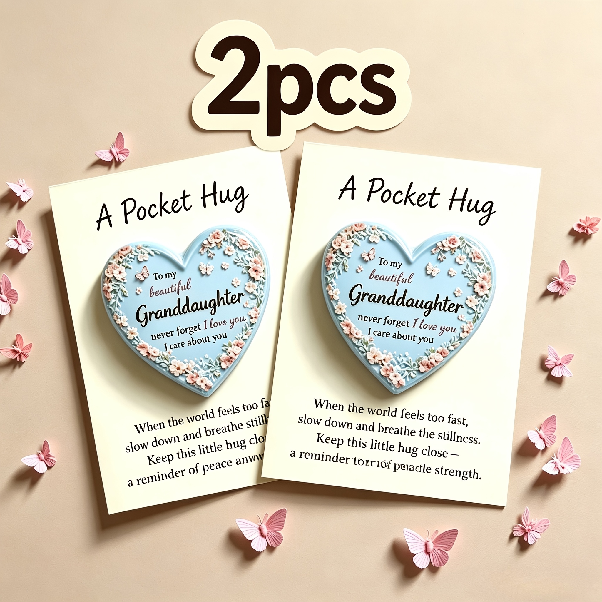 TEMU 2pcs Granddaughter Thank You Pocket Hug Greeting Card With 2d Blue Heart-shaped Floral Figurine, Includes Emotional Encouragement Card,