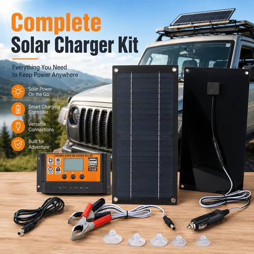 Portable Monocrystalline Silicon Solar Panel Set, Solar Charging Controller Set, High- Conversion Solar Cell Charger, Suitable for Car, RV, Marine Battery Maintenance, Camping, And Outdoor Use Without Power Storage Function