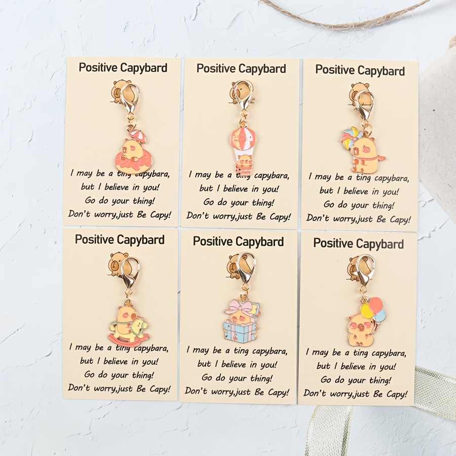 TEMU 2d 6pcs Cute Capybara With Inspirational Greeting Card Keychain Set. Suitable For Backpacks/school Bags/coin Purses/car Keychains And Other