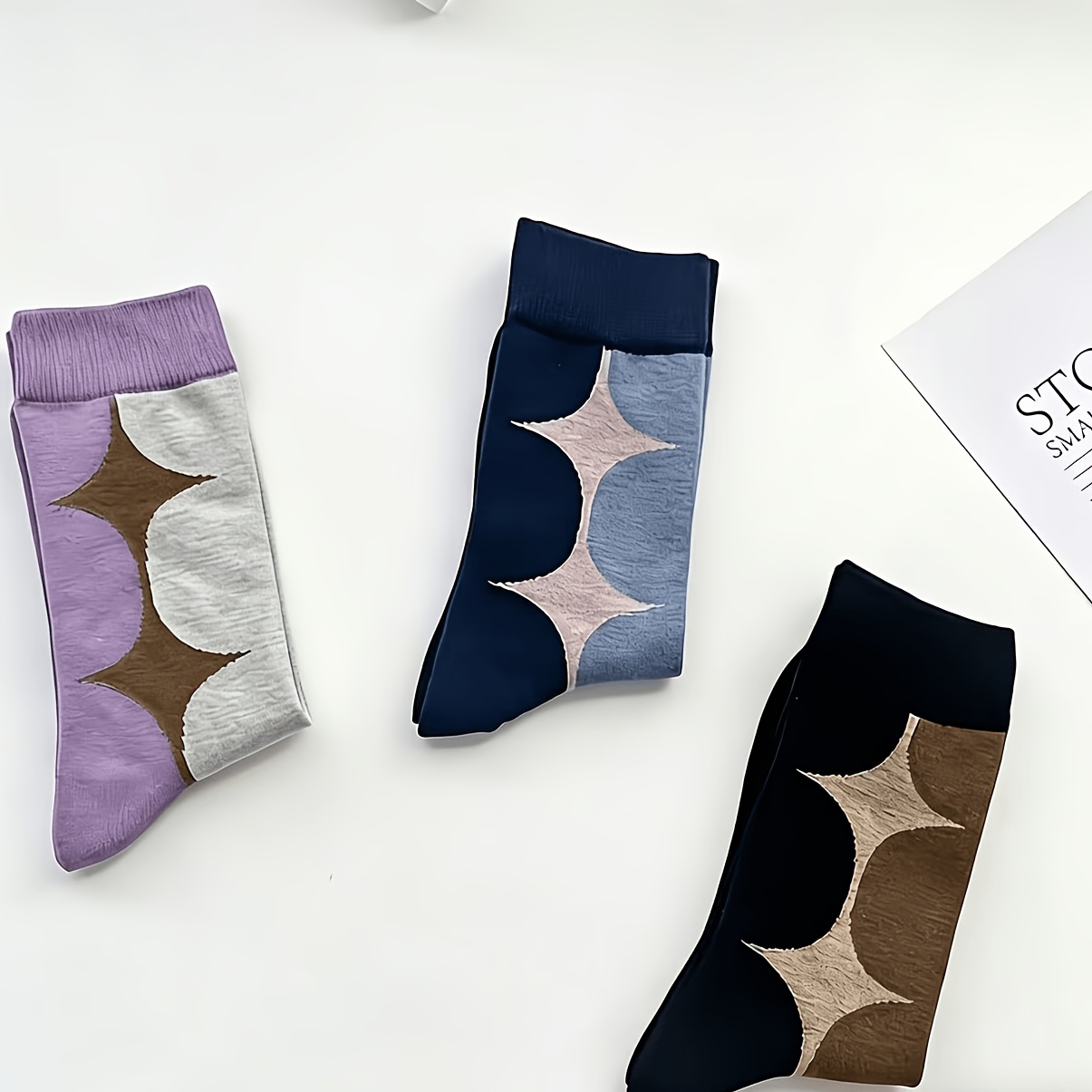 TEMU 3 Paires de Chaussettes Femme Automne/Hiver Nouveau Style, Chaussettes Vintage Japonaises Demi-Cercle Tendance, Chaussettes Color-Block Niche,