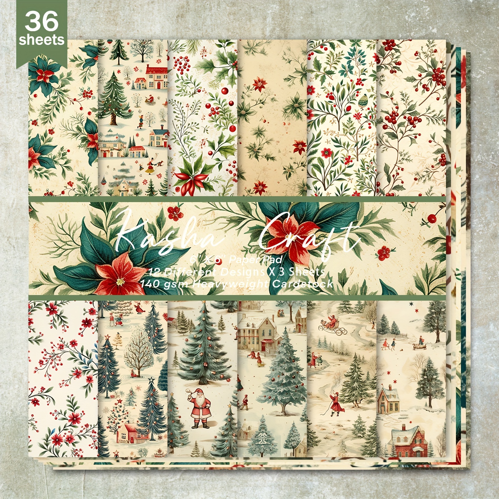 

36 Sheets 6inch (christmas Flowers, Christmas Tree, Santa Claus Background) Scrapbooking Thin Paper, Suitable For Bullet Diary, Trash Magazine, Greeting Card Background, Photo Album And Handicrafts