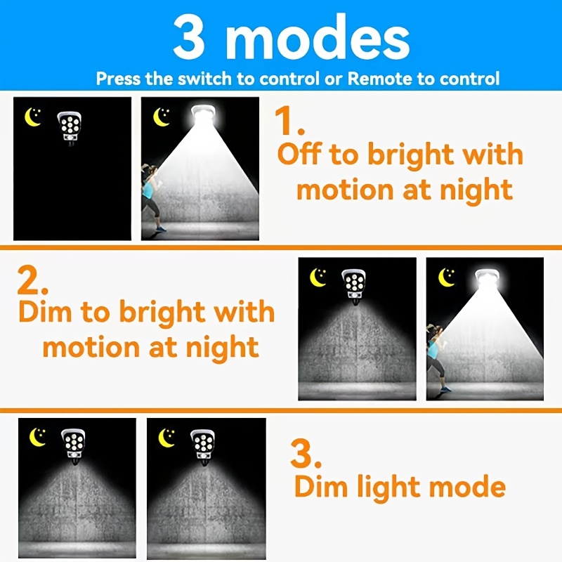 Luz con sensor de movimiento de 1 pieza, alimentada por energía solar, con brillo ajustable, 77 focos LED | Activación por sensor de cuerpo humano | Iluminación de seguridad para exterior, porche y jardín con cámara falsa, fácil instalación, luz de advertencia comercial