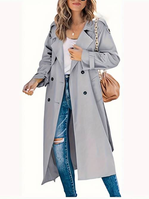 womens fashion autumn and winter long solid color windbreaker lapel design sports coat