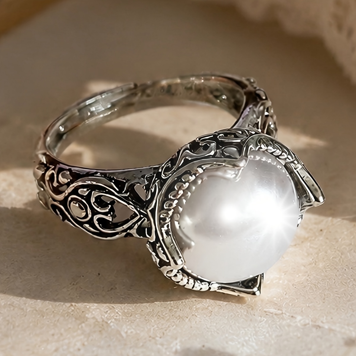 TEMU 1pc Vintage Elegant Hollow Floral Adjustable Open Copper Ring, With Faux Pearls, Suitable For Daily Banquets, Holiday Events, Weekend Gatherings