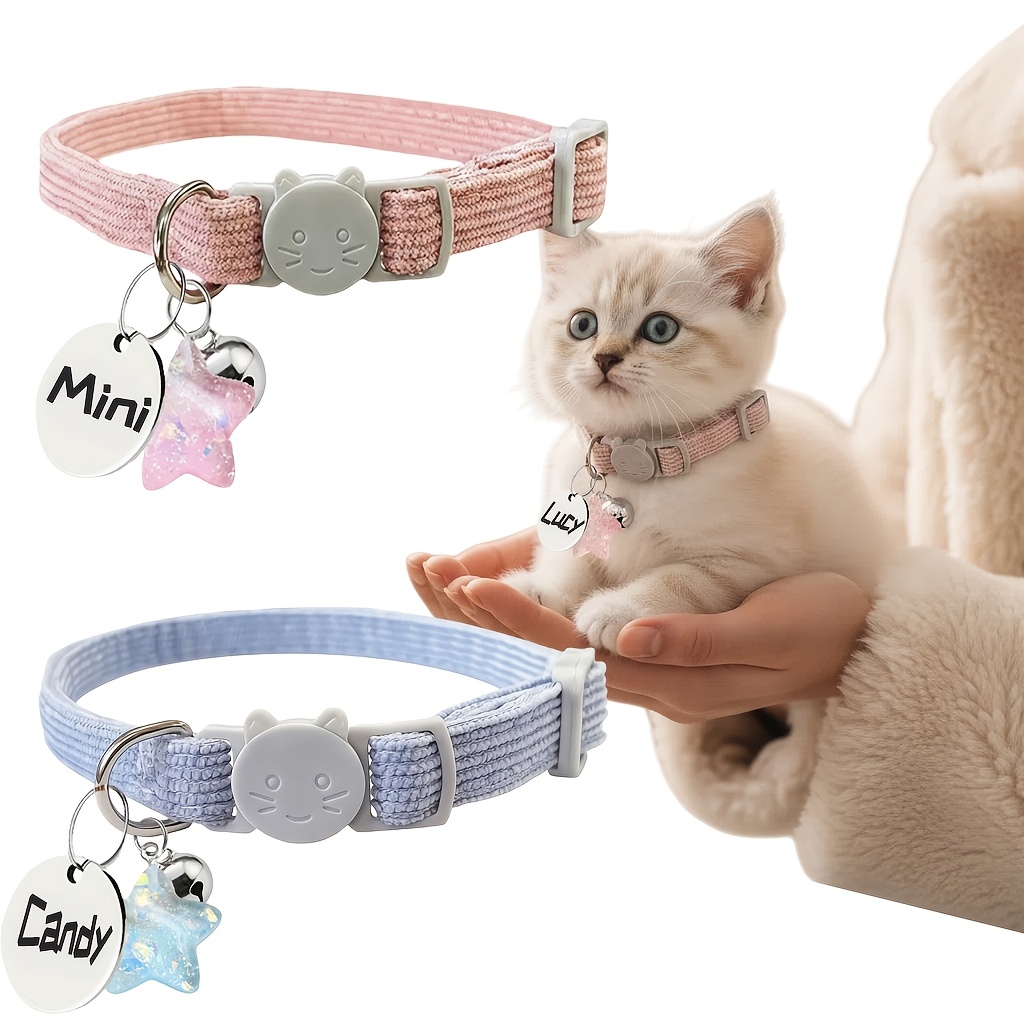 Personalized Round Tag Cat Collar with Bell and Flower Star Pendant