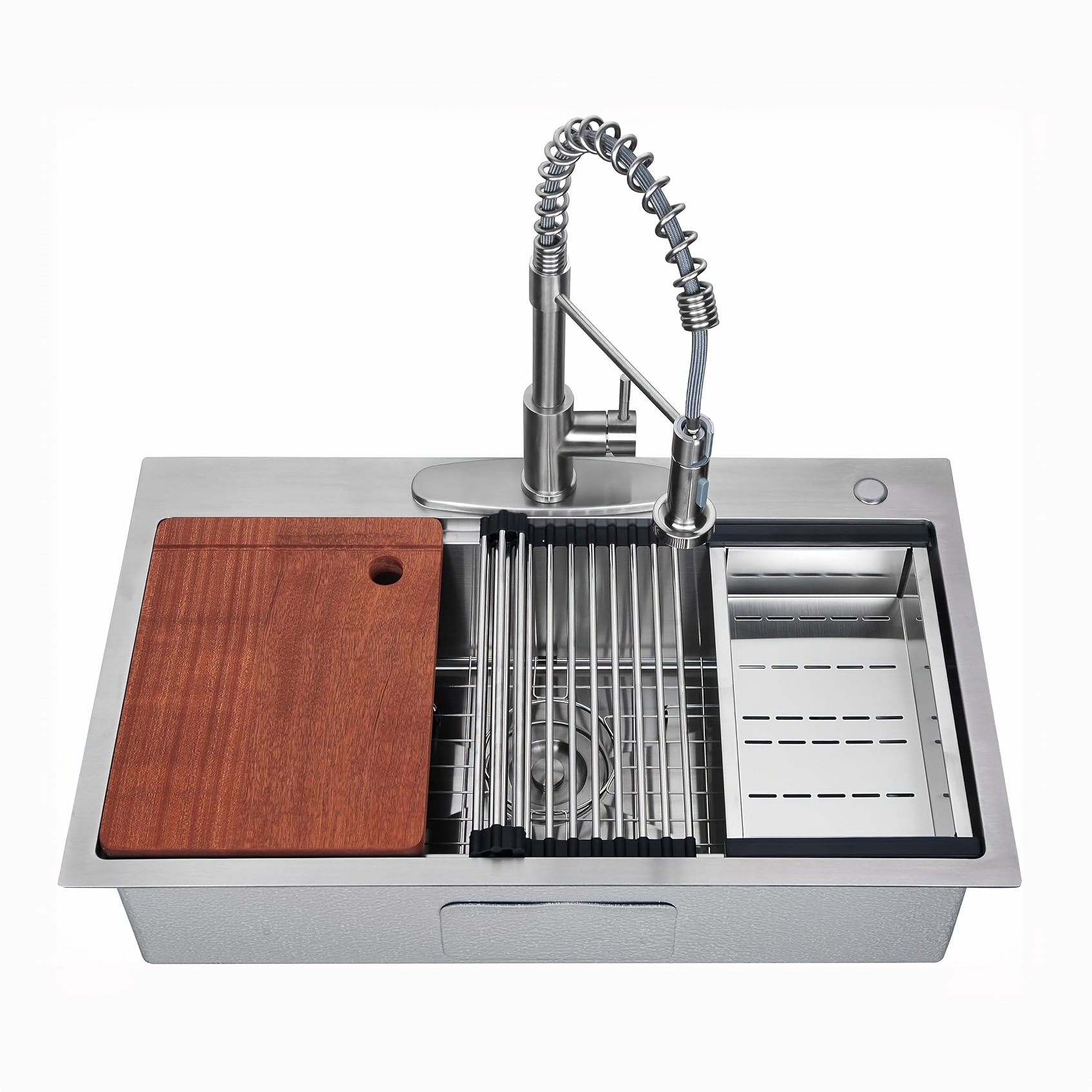 stainless steel single bowl sink with additions and a pull down faucet designed for modern countertops in bars and kitchens