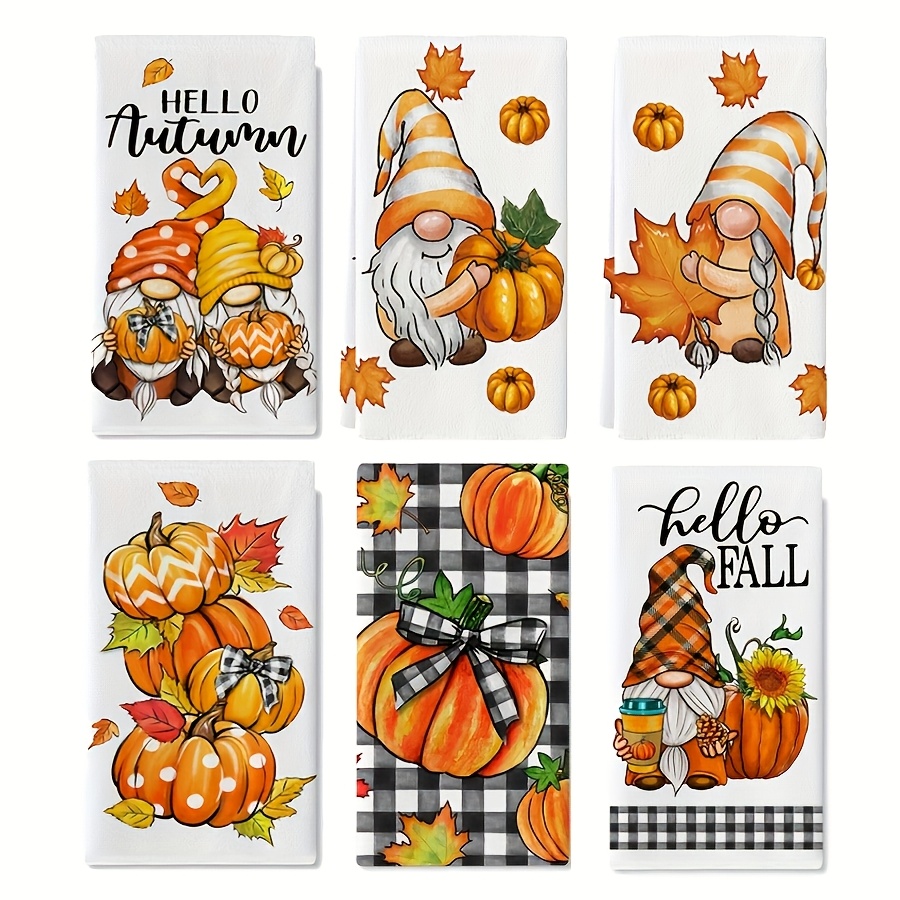 TEMU 6pcs Set, Thanksgiving Series, Gnome Pumpkin Print Towels, Microfiber Modern Absorbent Dishcloths, Cooking Baking Tea Towels, Dish Towels