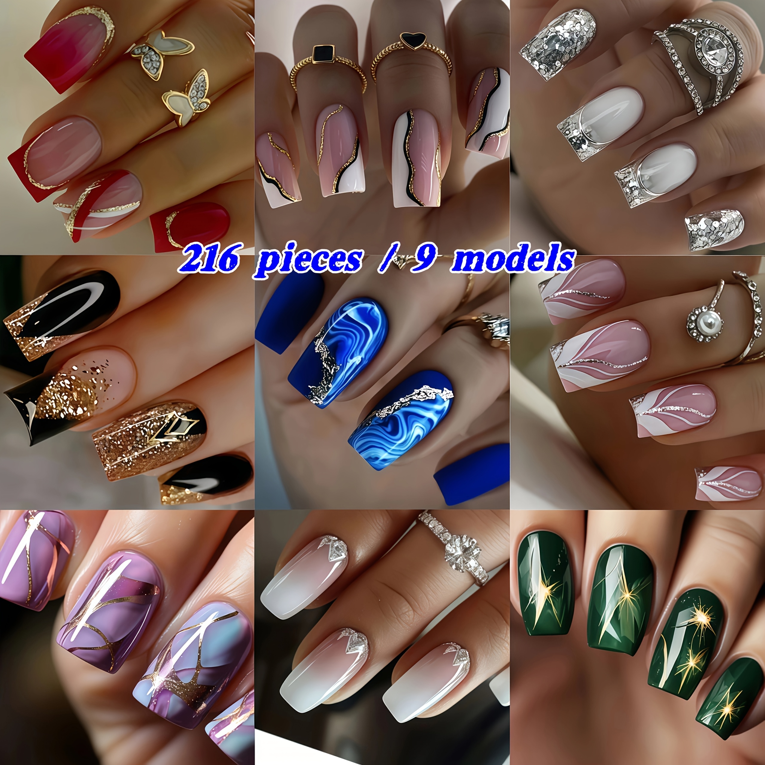 TEMU 216pcs Medium Square Press-on Nails, 9 Styles Different Patterns Removable Fake Nails, For Women, Durable Nails, Art, Y2k Nails, High-quality