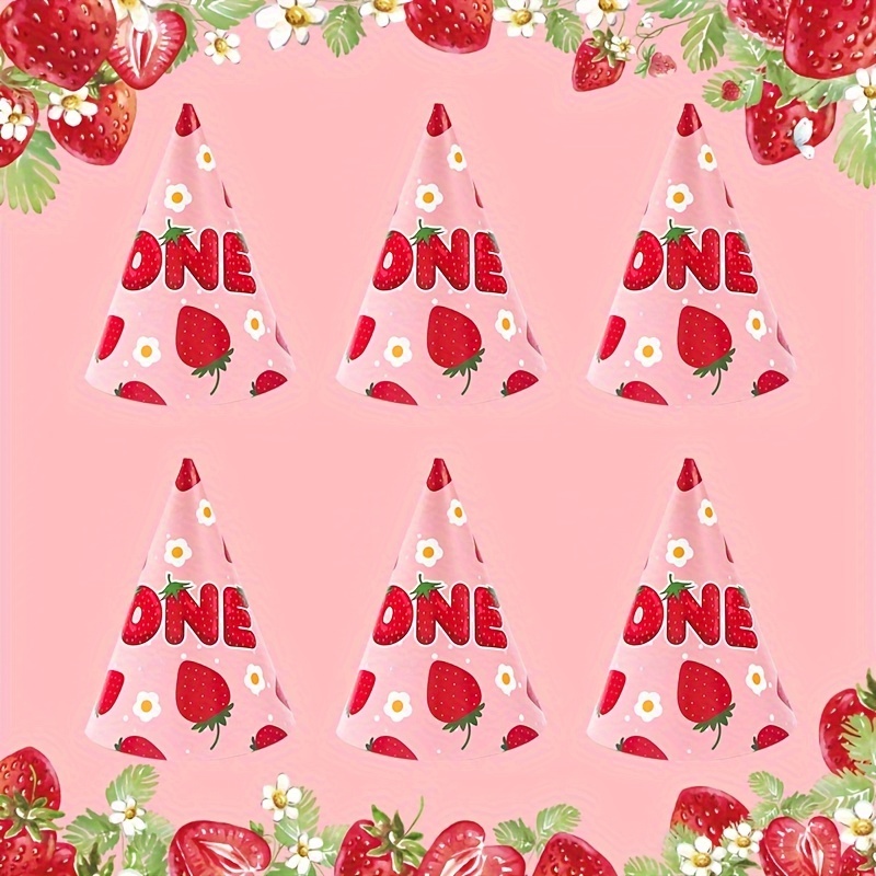 

6 Pcs Strawberry Theme Birthday Party Hats: Strawberry Pattern Paper Happy Birthday Hats, 1st Birthday Party Party Decor, Birthday Party Supplies, Birthday Party Favors