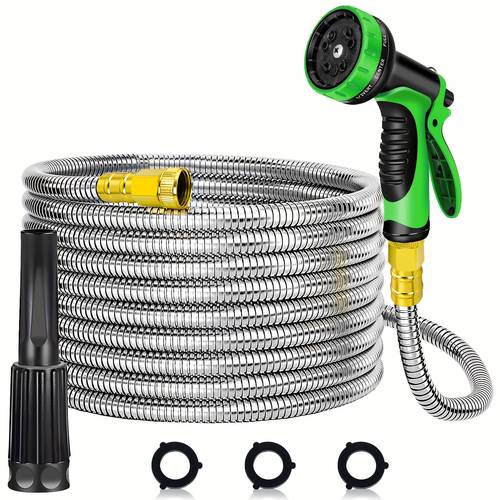 25 50 75 100ft stainless steel metal garden hose pipe flexible lightweight coil standard threads 3 4 inch diameter nozzle for yard lawn garden outdoor use vinyl construction