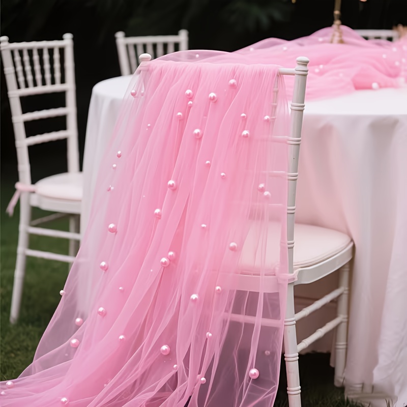 TEMU 10ft Lace Table Runner With Pearl Embellishments - 29.5x120 Inch Tulle Chiffon Fabric, Elegant Design For Weddings, Birthdays, And Party Dining