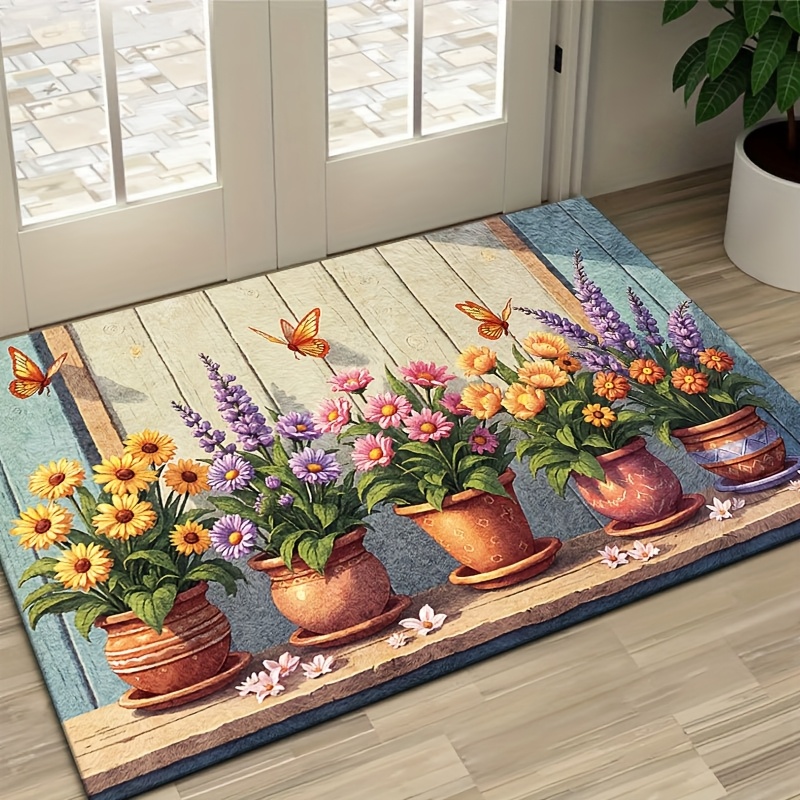 TEMU 1pc Multicolor Floral Flower Pot Mat, Welcome Doormat - Slip-resistant And Machine Washable, Rustic Indoor/outdoor Entryway Decor, Ideal For