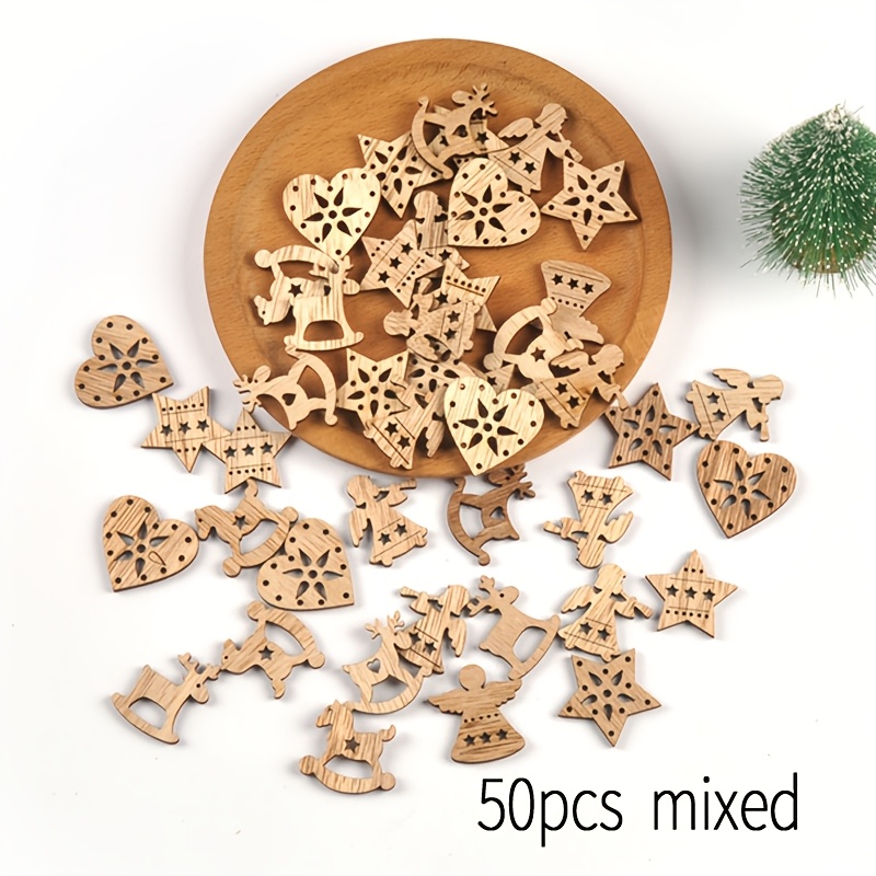 TEMU 50pcs 3cm Christmas Star Heart Reindeer Shaped Mixed Hollow Wooden Pieces Handcraft Ornaments Christmas Holiday Hangings For Christmas Holiday
