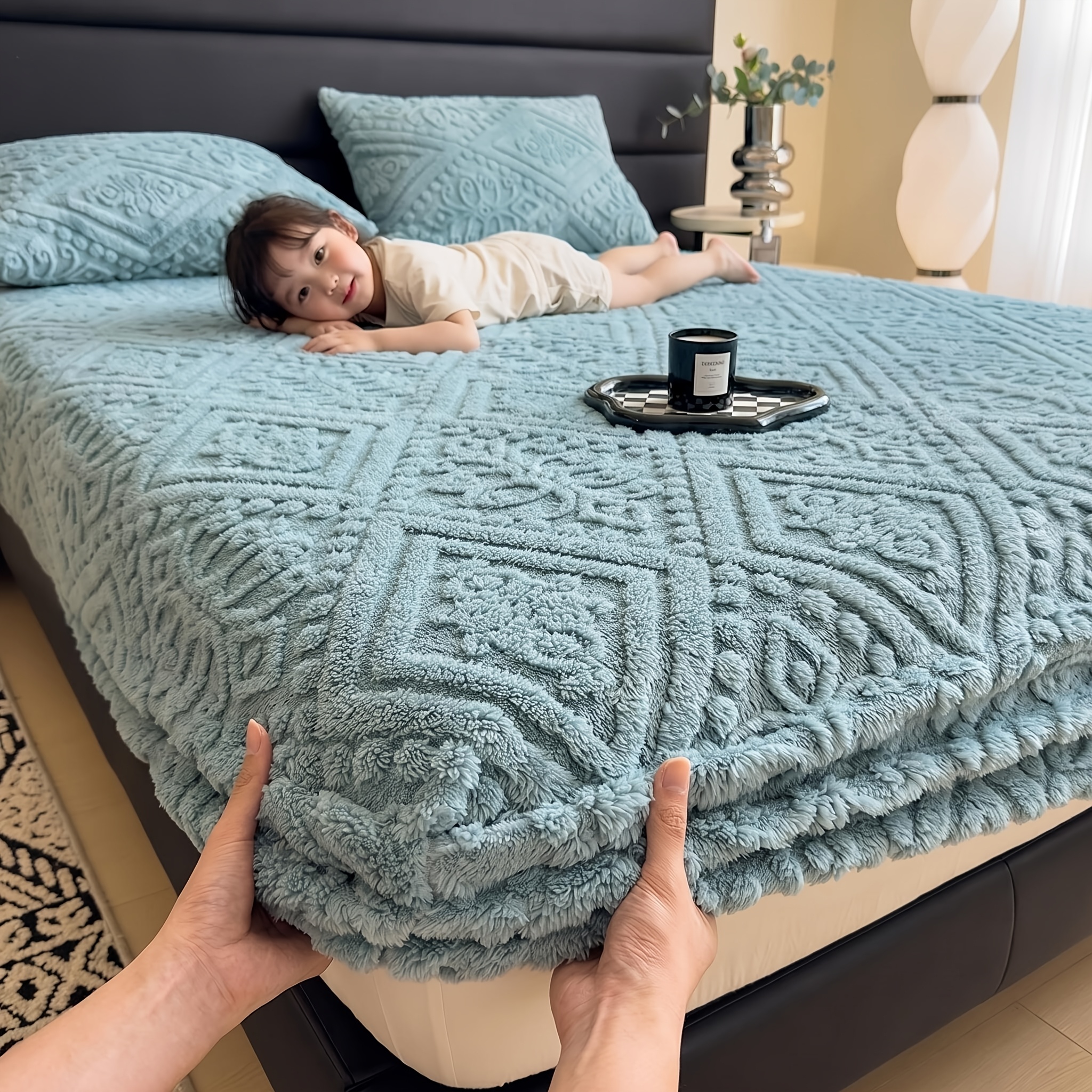 TEMU Cozy Warm Fitted Bed Sheet For Kids, Embossed Pattern Fleece Bedding, Elastic Edges, Pillowcase Not Included, Fall & Winter Indoor Home Decor,