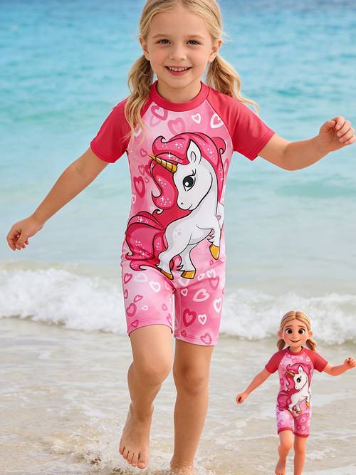 cartoon unicorn print girls spring summer beach vacation 1pc swimsuit