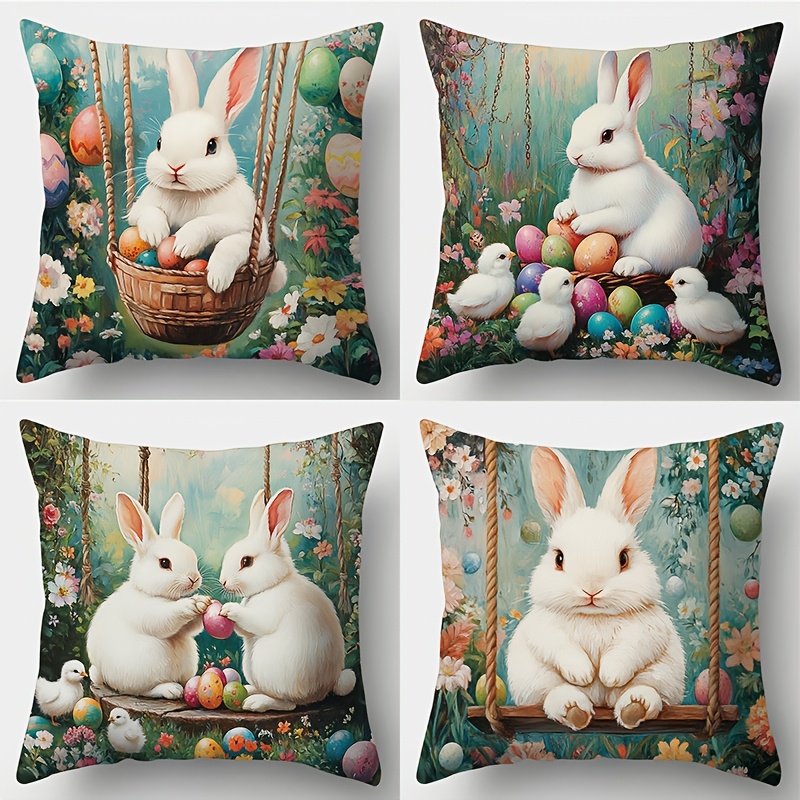 

Easter : Set Of 4 Bunny & Egg Design Throw Pillow Covers - Soft, Skin-friendly Polyester, Zip Closure - Sofa & Room Decor (inserts Not Included), Bunny Pillow Cover