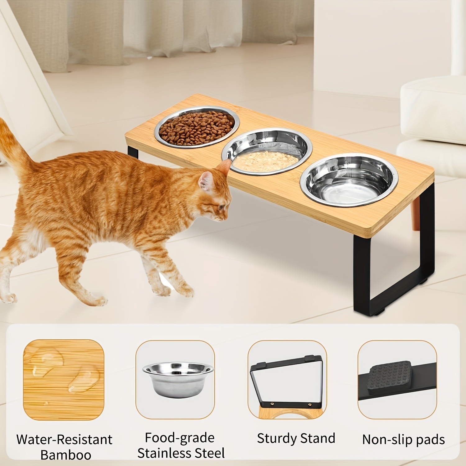 

Pet Feeding Rack Made Of Iron And Wood Combined With Cat Bowl Rack With Slanted Mouth Anti Overturning Pet Feeder, Household Cat And Dog Food Basin