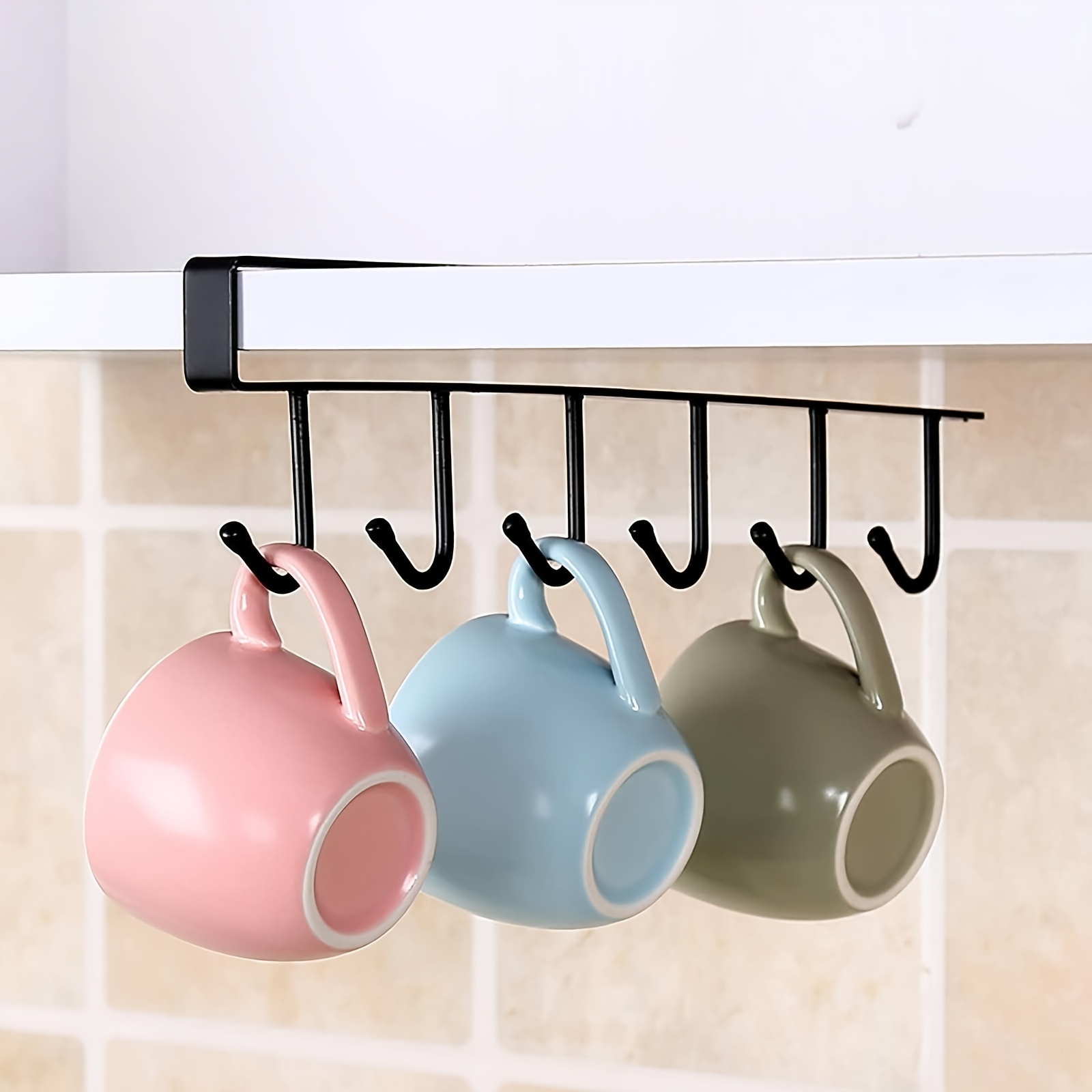 

1 Pack Hanging Hooks Rack Under Cupboard Cabinet Cup Holder Coffee Mug Holder 6 Hooks Drilling Free Coffee Cups Holder Kitchen Utensil Storage Organizer Hook Rack (black)