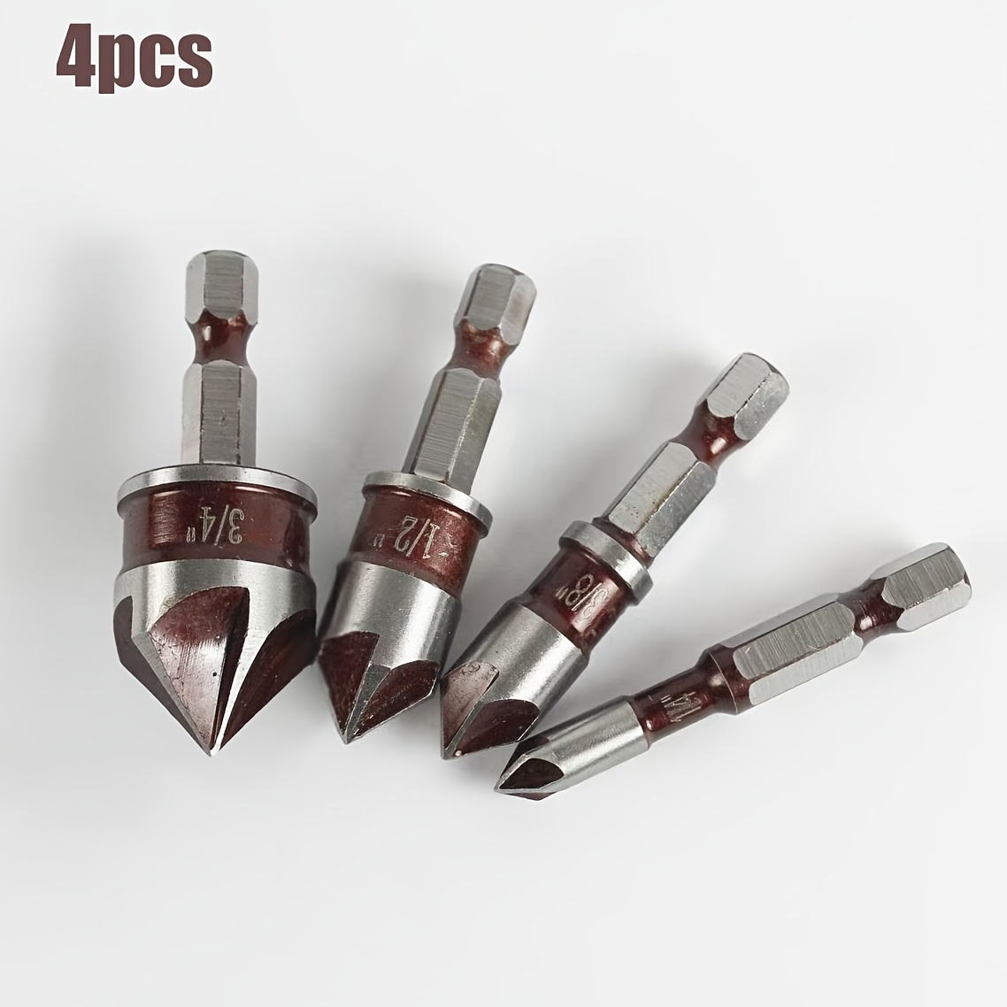 TEMU Hss Countersunk Bit Set(with 1/4", 3/8", 1/2", 3/4" Hex Shank), 82 Degree Hss 5-flute Hex Shank For Metal, Plastic, Wood, Pvc Material, Cement