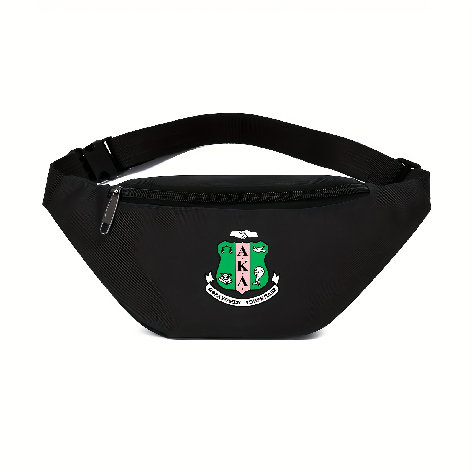 

1pc Sorority-inspired Men's Waist Bag - Adjustable, Waterproof Black Oxford Shoulder Bag With Emblem - Ideal For Hiking, Running & Outdoor Activities