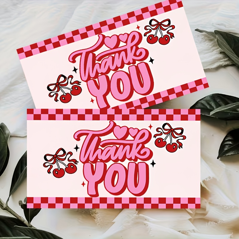 TEMU 50pcs Pink Cartoon Thank You Cards, Decorative Cards With Small Cherries And Pink Fonts, , Suitable For Festivals, Gift Packaging, Decoration,