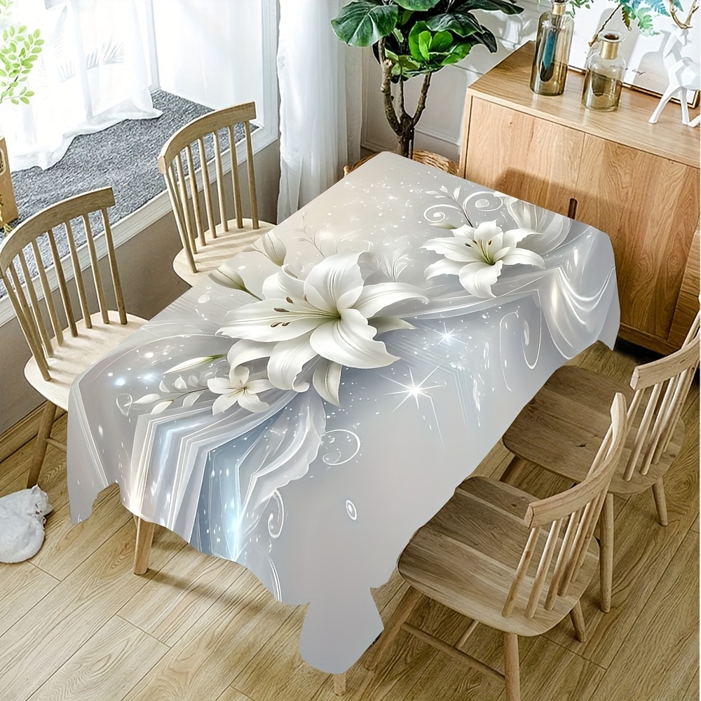 TEMU 1pc 2d Flat Printed Lily Polyester Tablecloth, Elegant Floral And Table Cover, Romantic White Satin Decorative Tablecloth, Suitable For Kitchen,