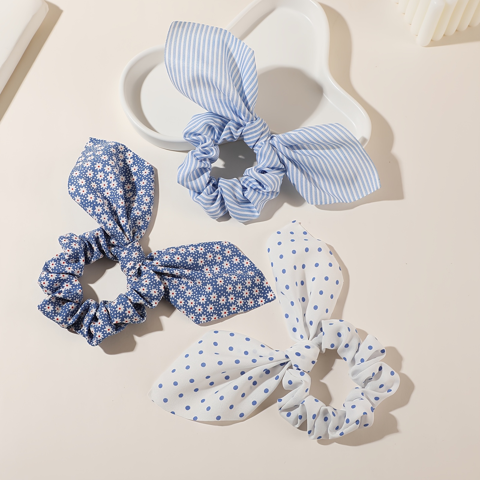 Image of 3pcs Women's Blue Floral Bow Hair Ties With Bowknot - Soft Gentle Non-damaging Hair Bands, Blue Bowknots Suitable For Ponytails, Buns, Braids - Elegant Hair For Weddings, Parties, Casual Attire