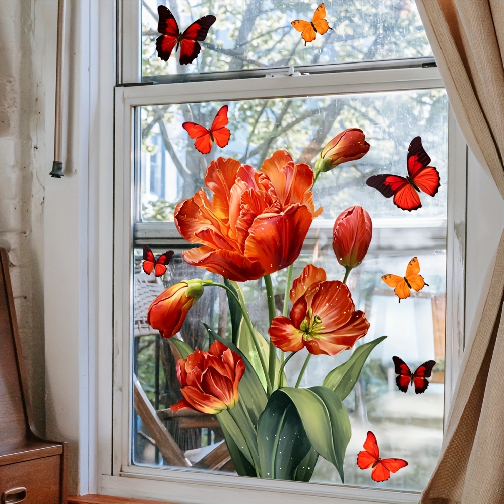 

Flower Electrostatic Glass Sticker, Tulip Butterfly Valentine's Day Decoration, Living Room Home Glass Window Decorative Wall Sticker