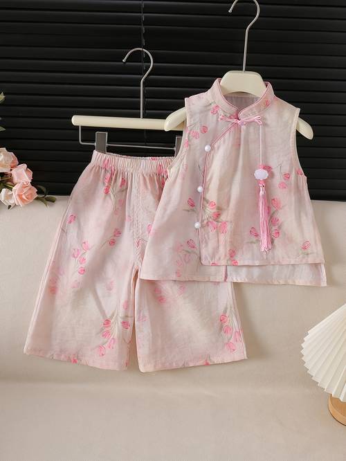 random printing 3pcs set ethnic tulip sleeveless cardigan printed straight pants ethnic pendant fashionable girls suit is summer suitable for daily wear and outdoor play birthdays parties shooting leisure sports
