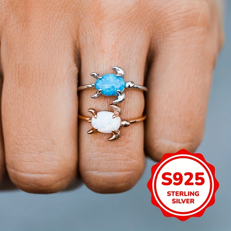 S925 Sterling Silvery Inlaid Synthetic Turquoise Turtle Ring